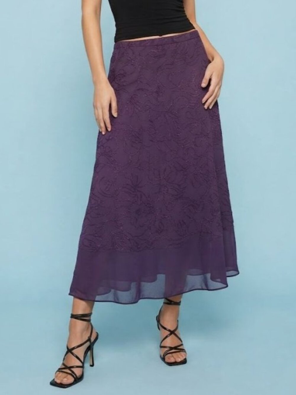 Purple Whimsigoth Boho Embroidered Midi Skirt
